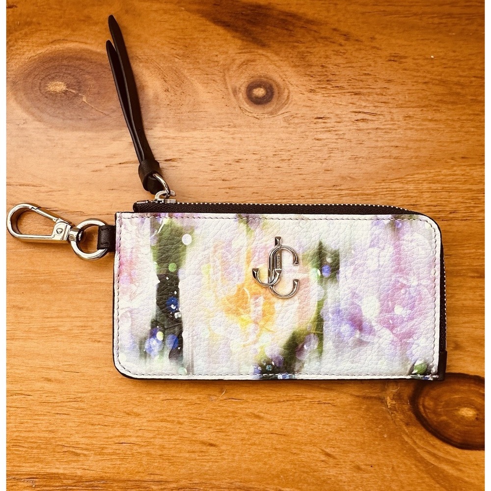 Jimmy Choo Coin Case Wallet‎ Zip-Around Floral Pattern LISE-Z Card Holder Purple
